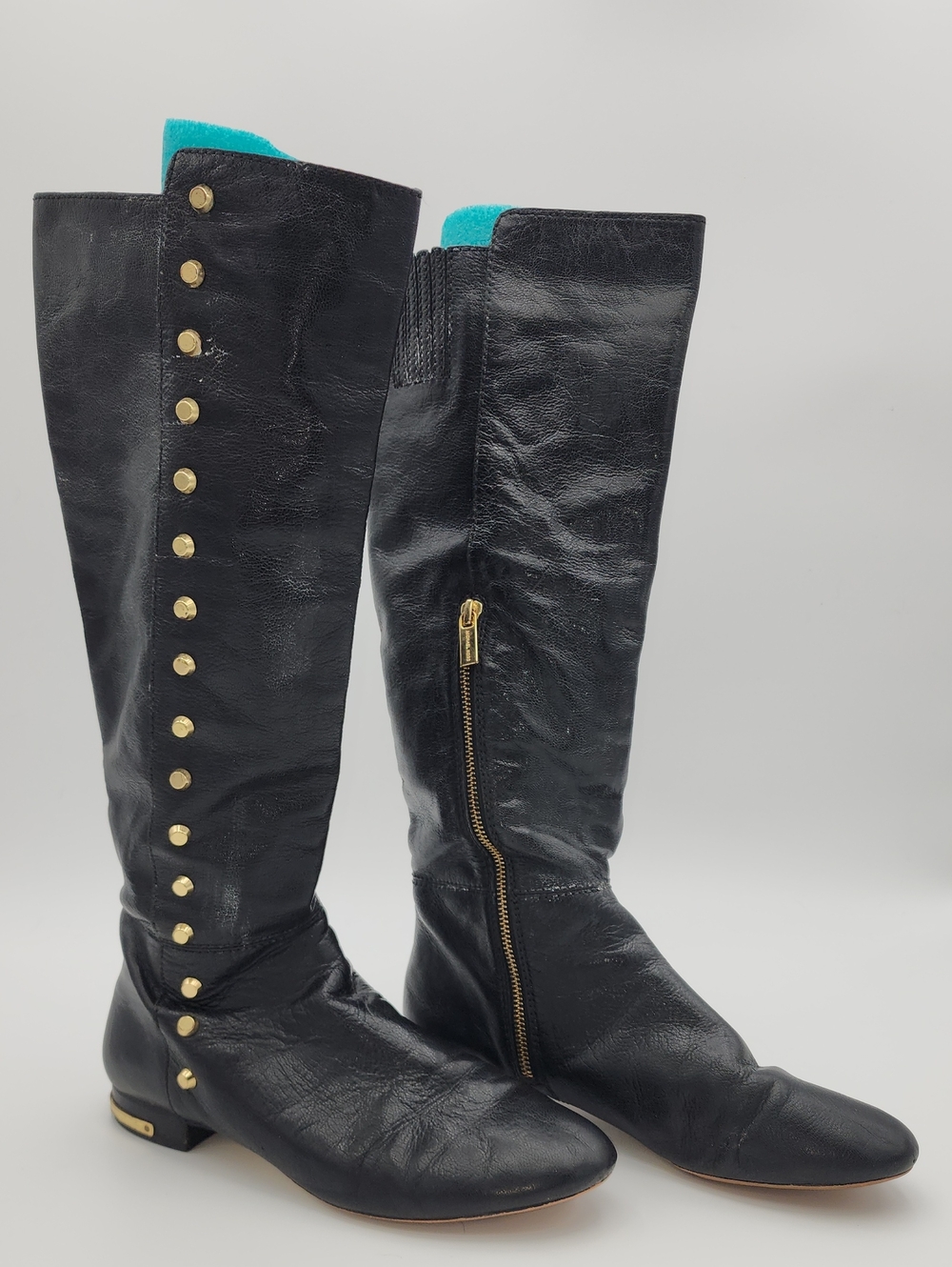 Michael Kors Black Leather Over-the-Knee Boots with Gold Studs